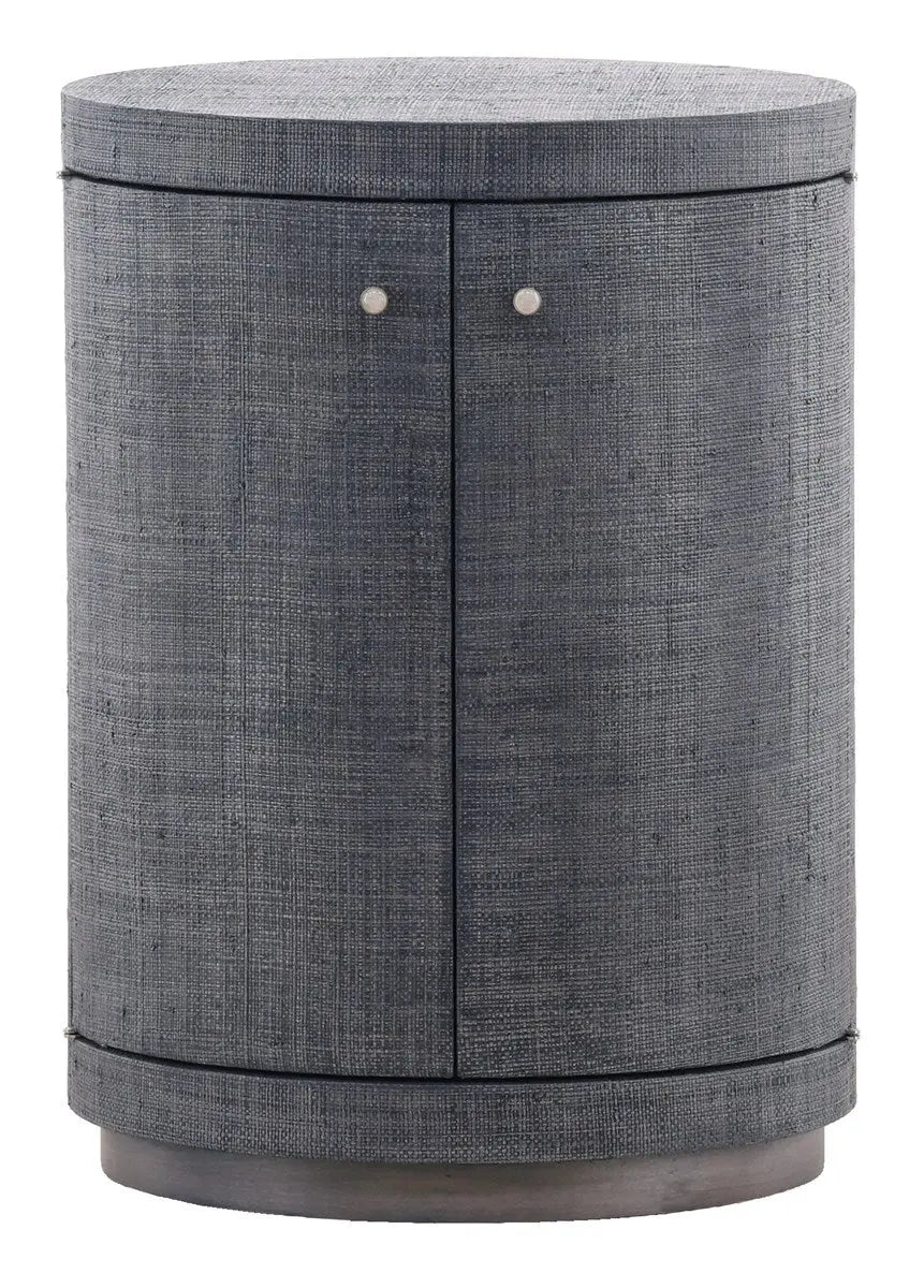 A round Navy Raffia wrapped end table with two curved doors, a Grey Agate stone knob, and a dark wood base, standing 25 inches tall.