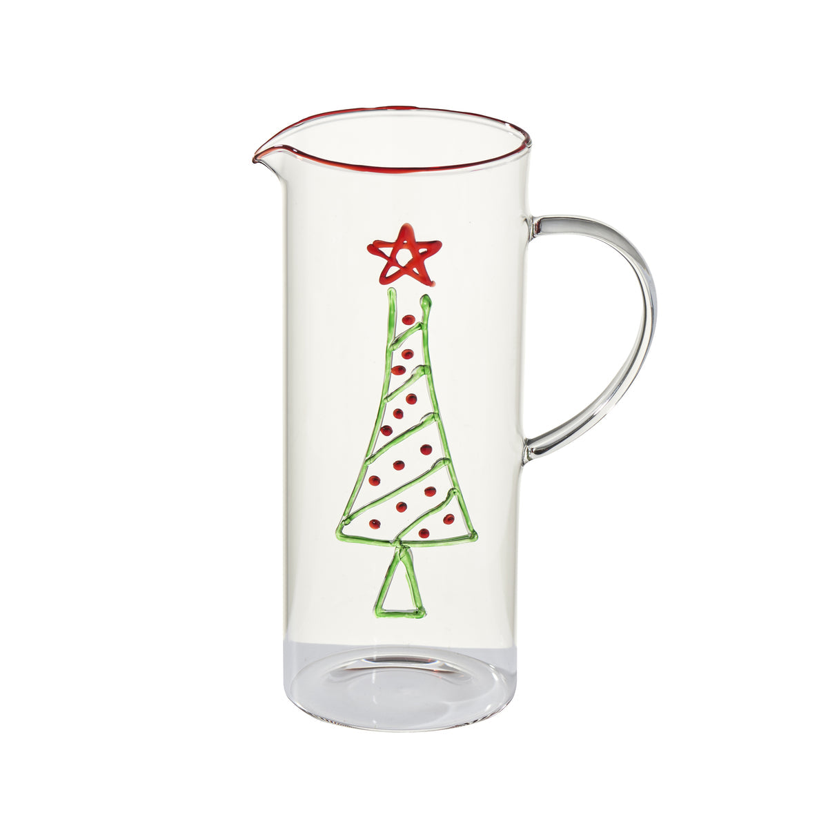 Clear glass pitcher with a Christmas tree design on a white background