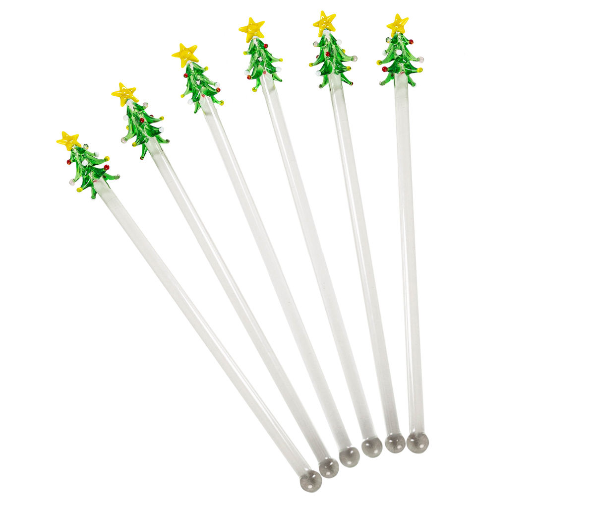 Set of six white Christmas tree-themed stir sticks on a white background