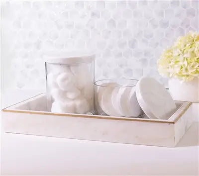 Rectangular White Marble Tank Tray featuring natural gray veining, a polished finish, and a thick polished brass metal rim around the edges.