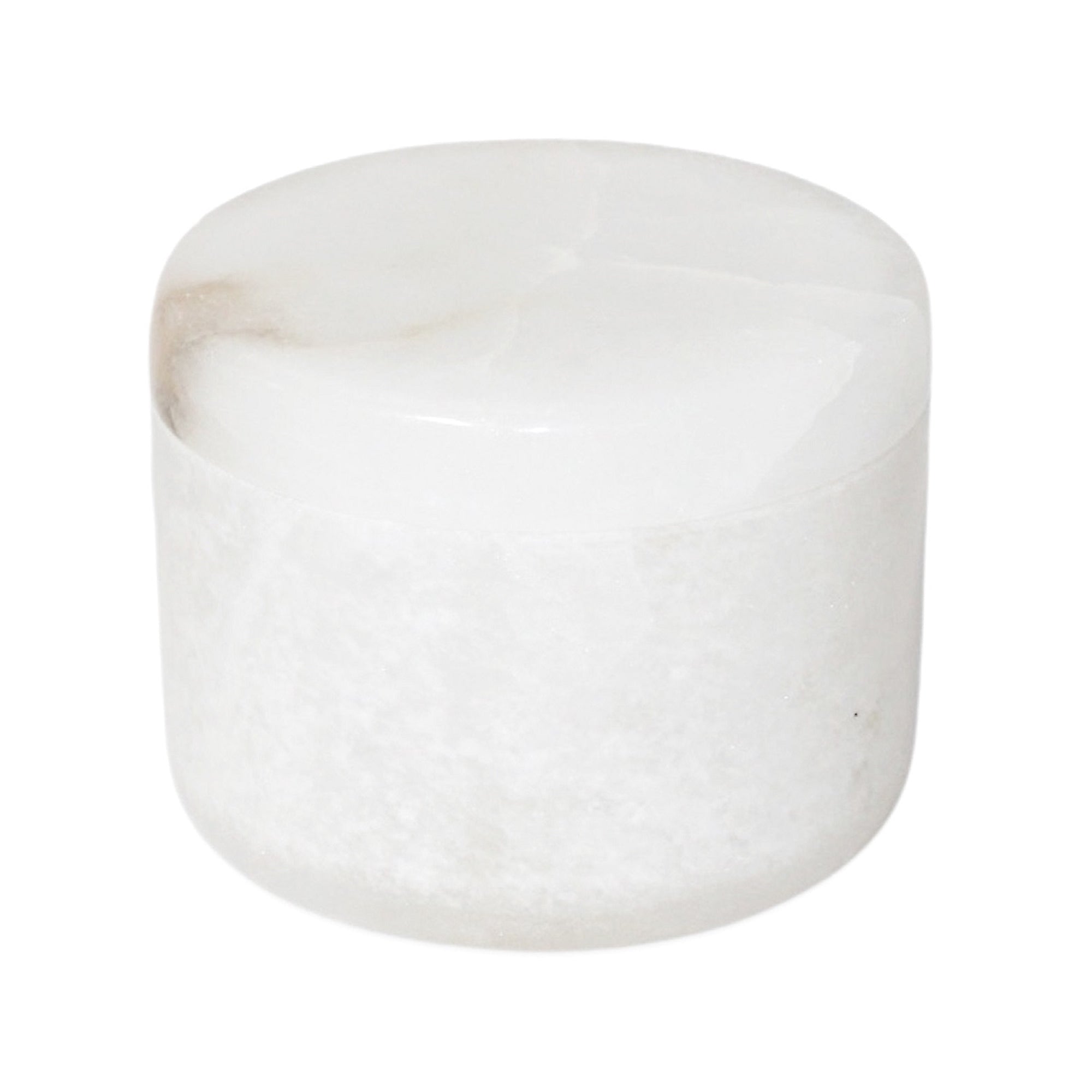 White Alabaster Votive Box with smooth finish and natural veining, 4-inch diameter