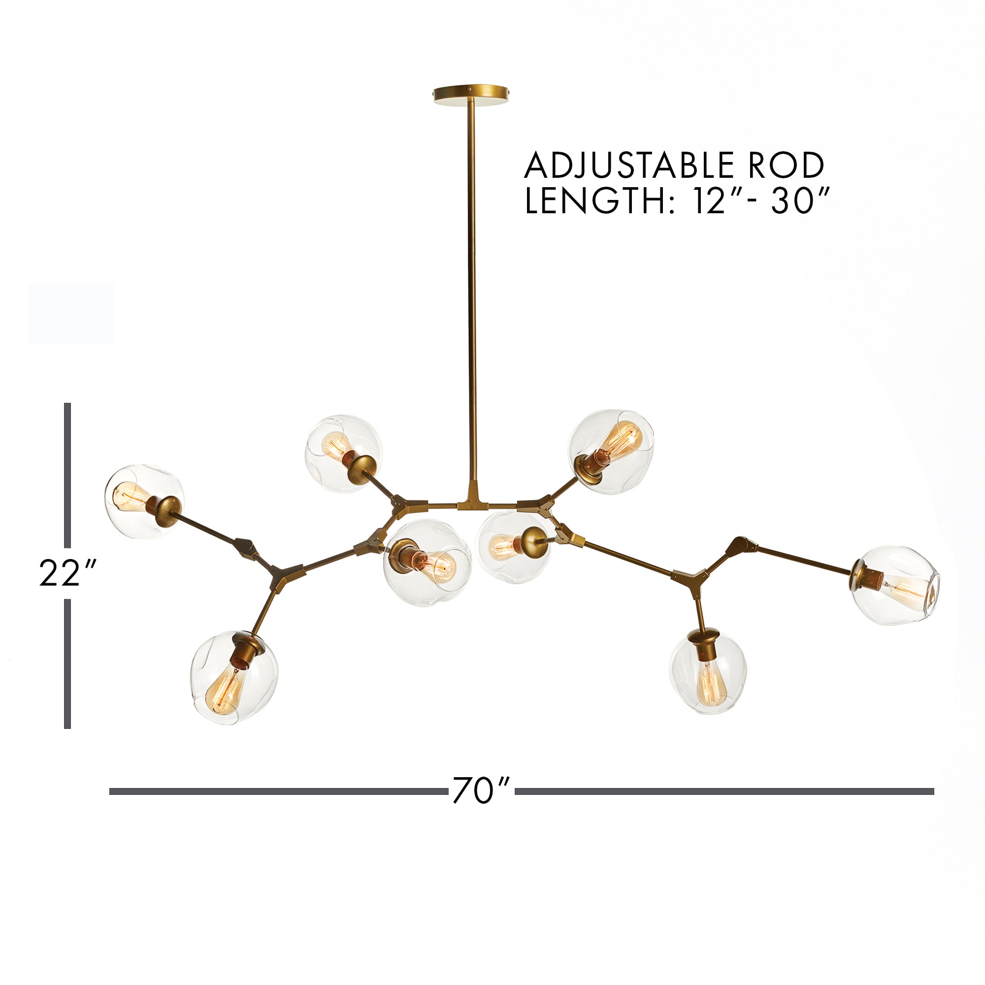 Modern Daniella globe chandelier in antique brass with adjustable arms and glass globes