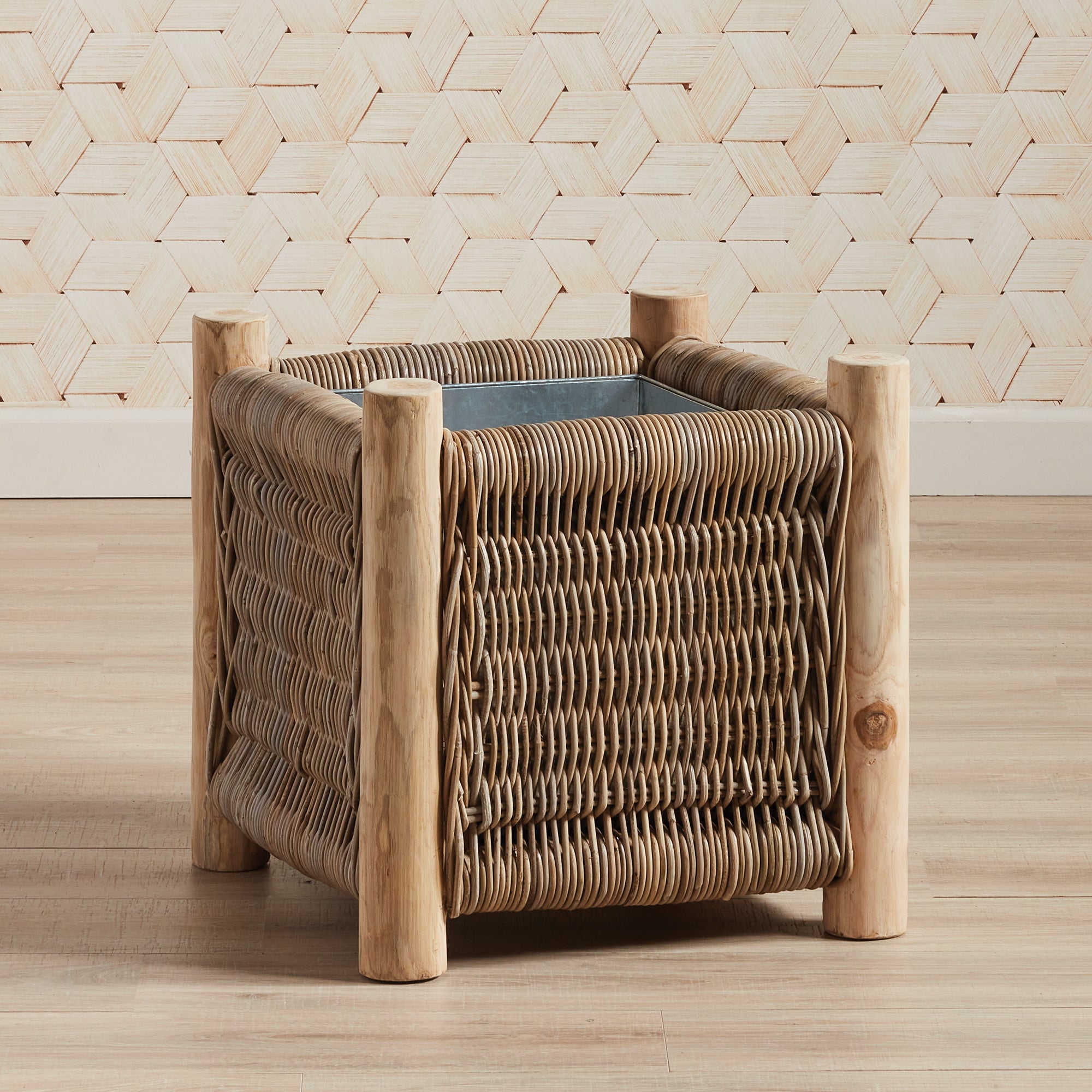 Landon Planter - Small, Medium or Grand Natural Rattan Planter | Teak Legs with Zinc Liner