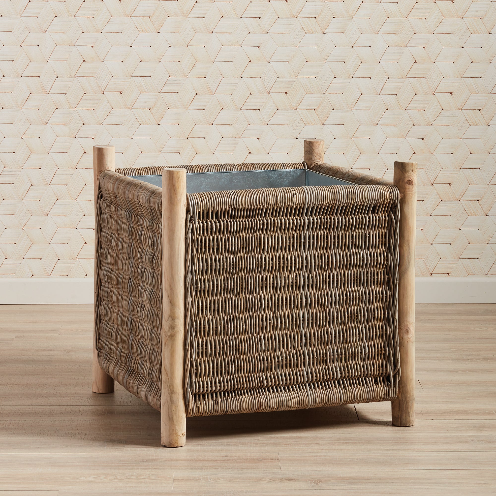 Landon Planter - Small, Medium or Grand Natural Rattan Planter | Teak Legs with Zinc Liner