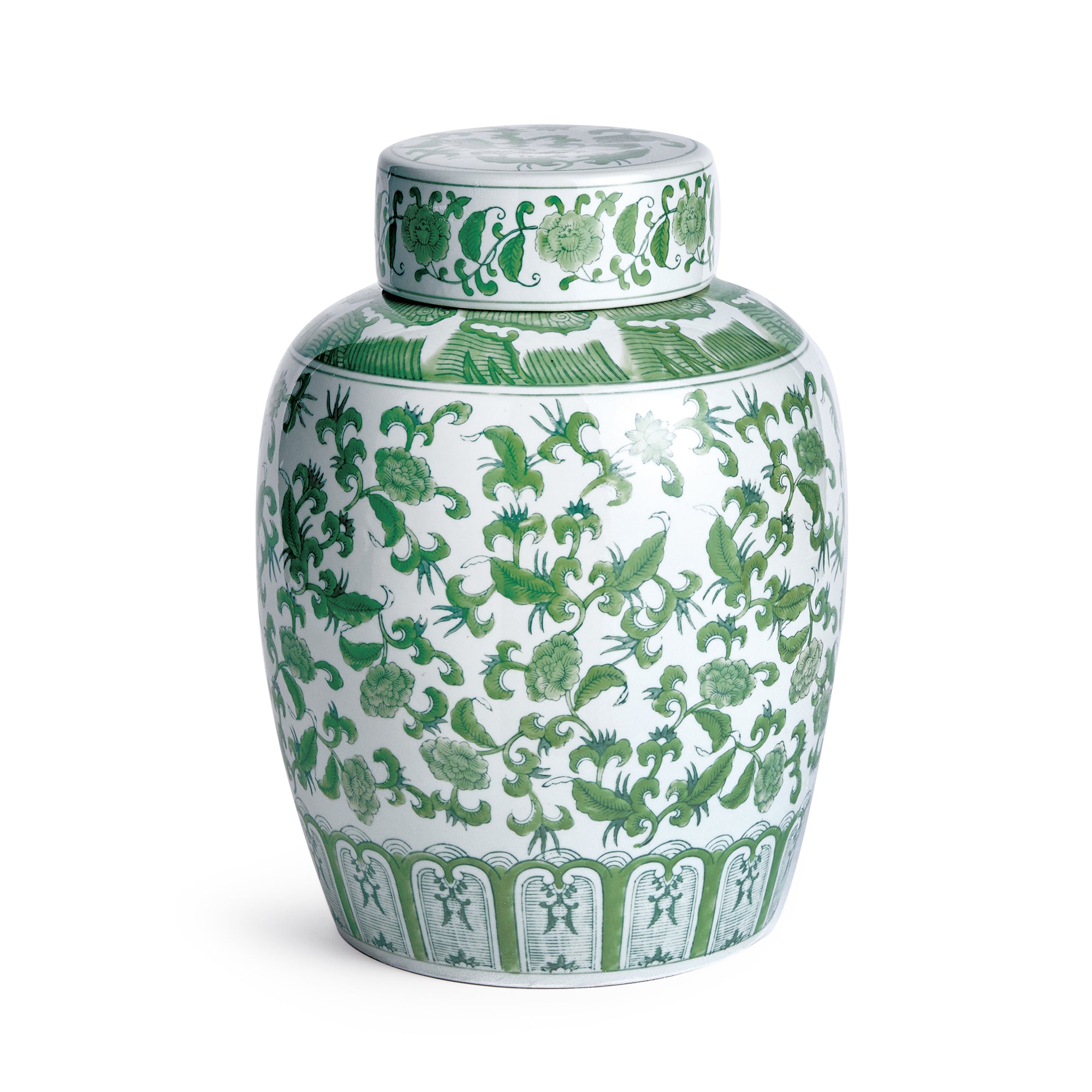Imperial Blossom Lidded Jar - handcrafted green and white chinoiserie ceramic jar with traditional Asian-inspired patterns for home décor
