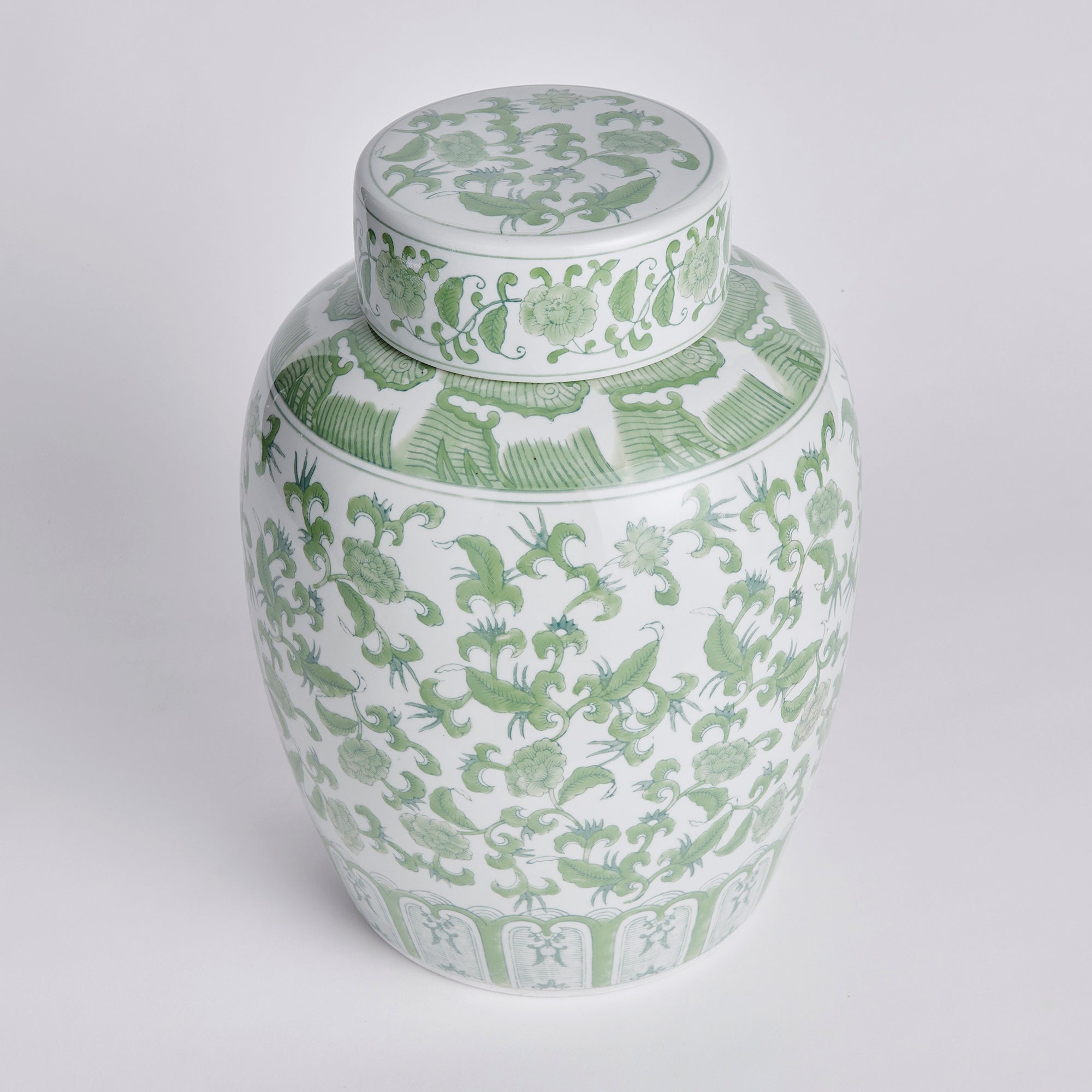 Imperial Blossom Lidded Jar - handcrafted green and white chinoiserie ceramic jar with traditional Asian-inspired patterns for home décor
