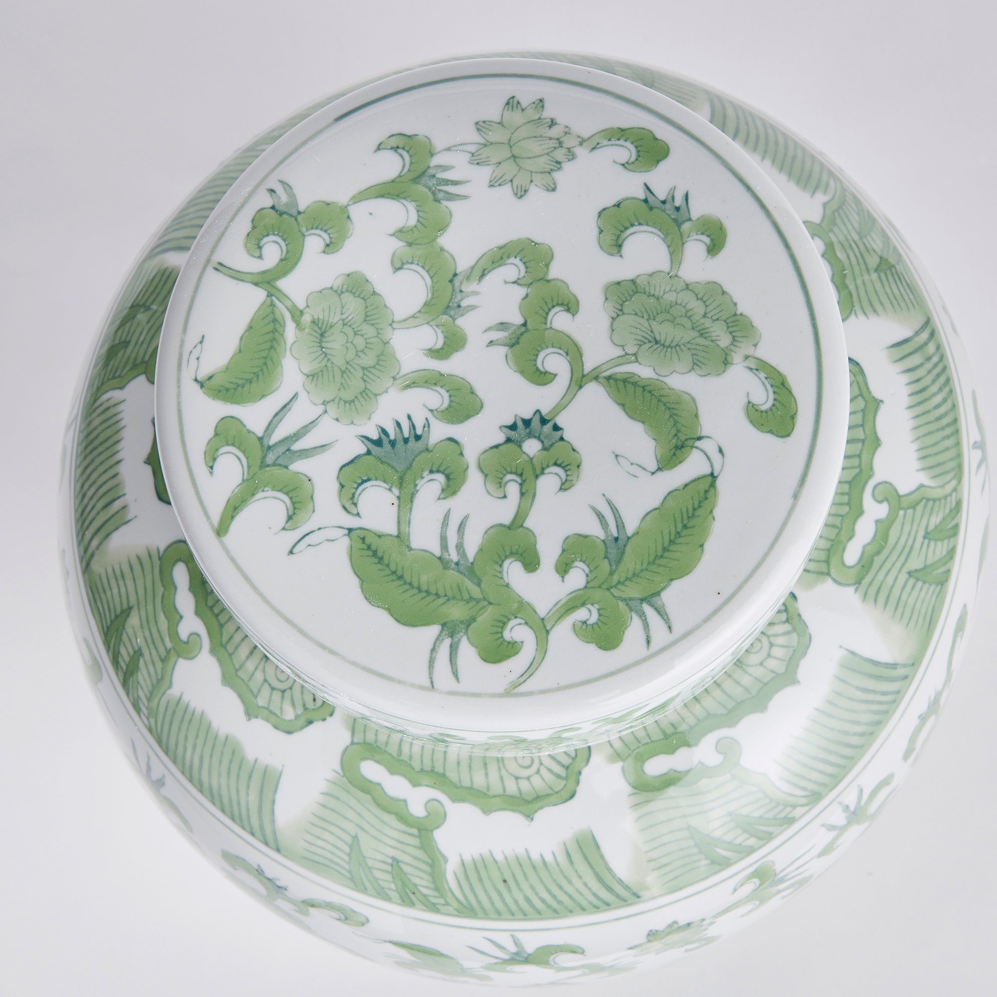 Imperial Blossom Lidded Jar - handcrafted green and white chinoiserie ceramic jar with traditional Asian-inspired patterns for home décor

