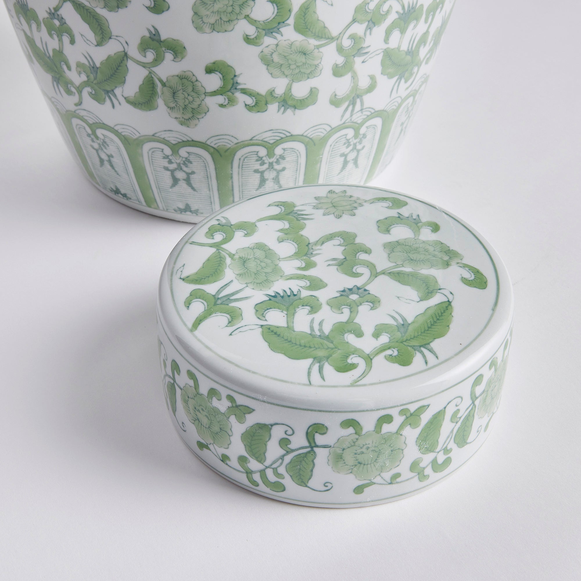 Imperial Blossom Lidded Jar - handcrafted green and white chinoiserie ceramic jar with traditional Asian-inspired patterns for home décor
