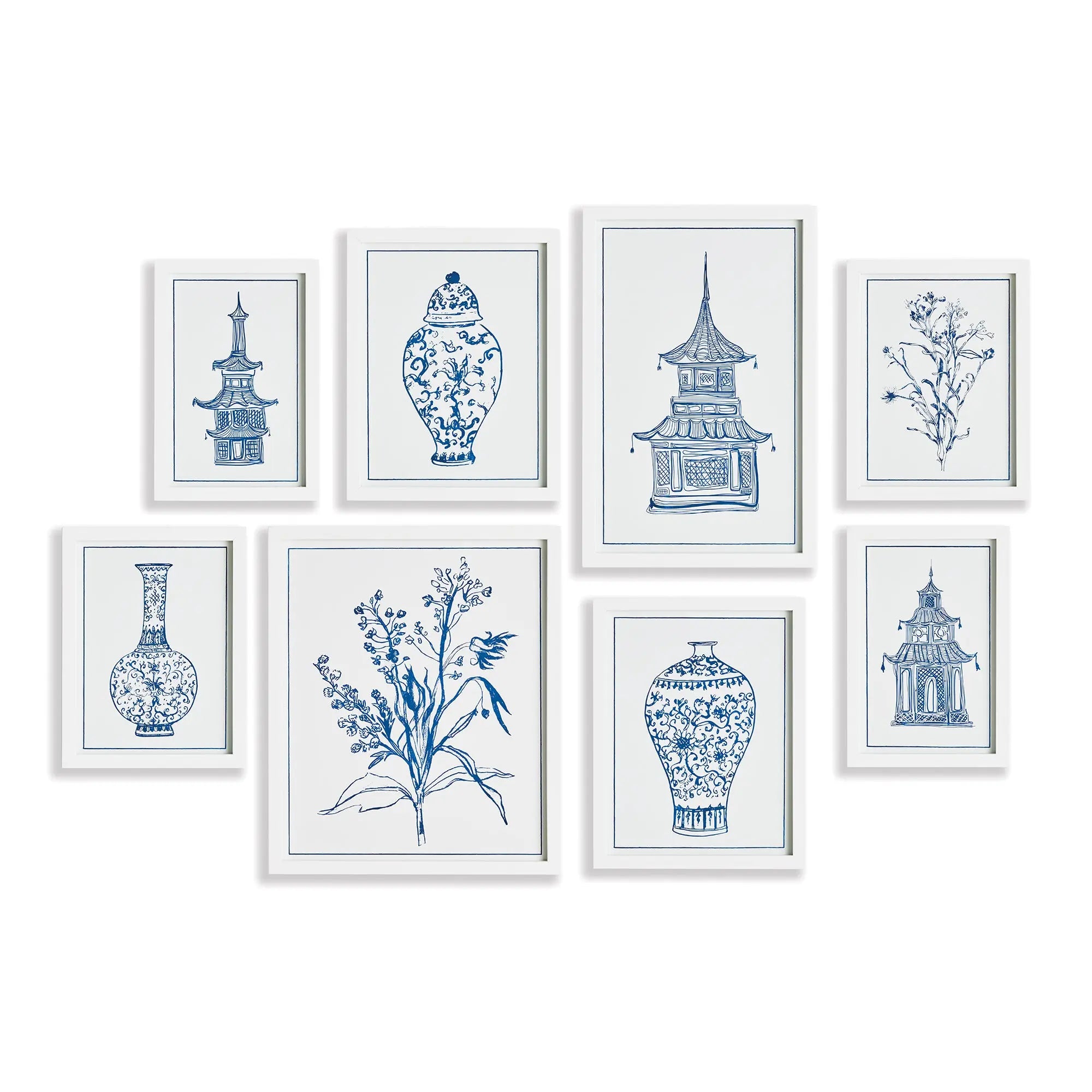 Chinoiserie Gallery Prints. Set of 8 monochromatic blue prints in white fir wood frames. Curated for a stunning salon-style gallery wall. 5 varied sizes. Perfect for coastal or traditional homes.