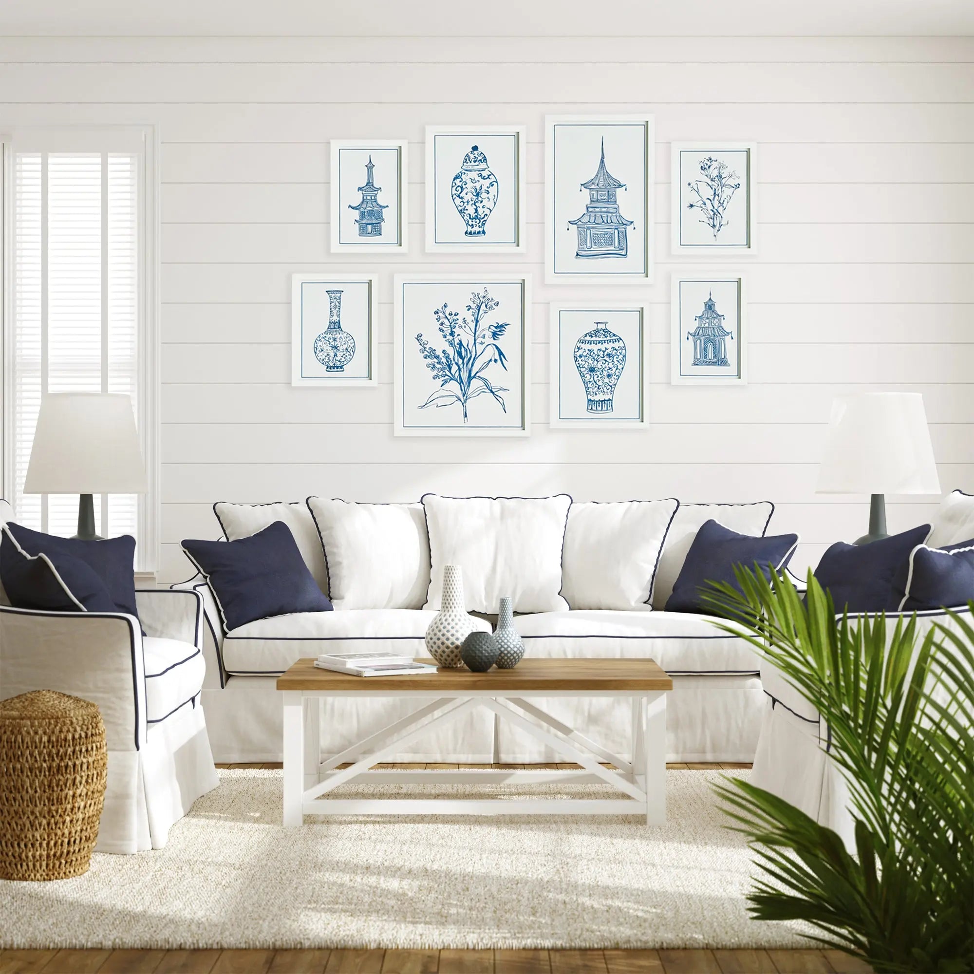 Chinoiserie Gallery Prints. Set of 8 monochromatic blue prints in white fir wood frames. Curated for a stunning salon-style gallery wall. 5 varied sizes. Perfect for coastal or traditional homes.