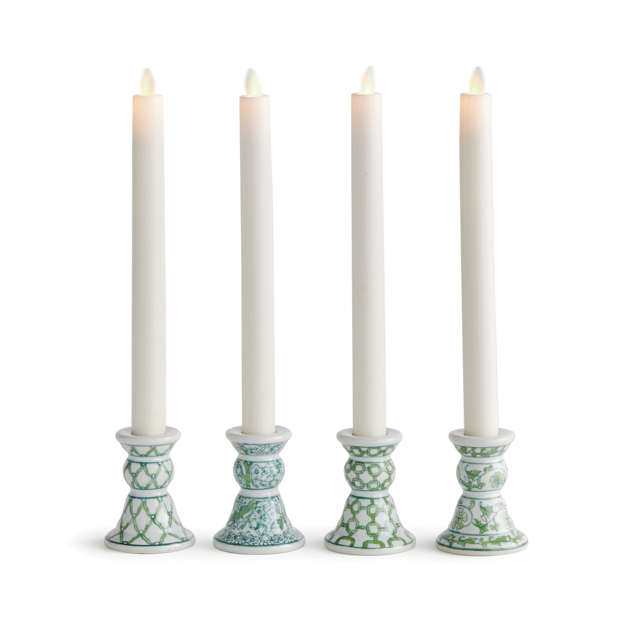 Imperial Mini Taper Holders Set of 4 - green and white chinoiserie ceramic candle holders designed for LED flameless candles
