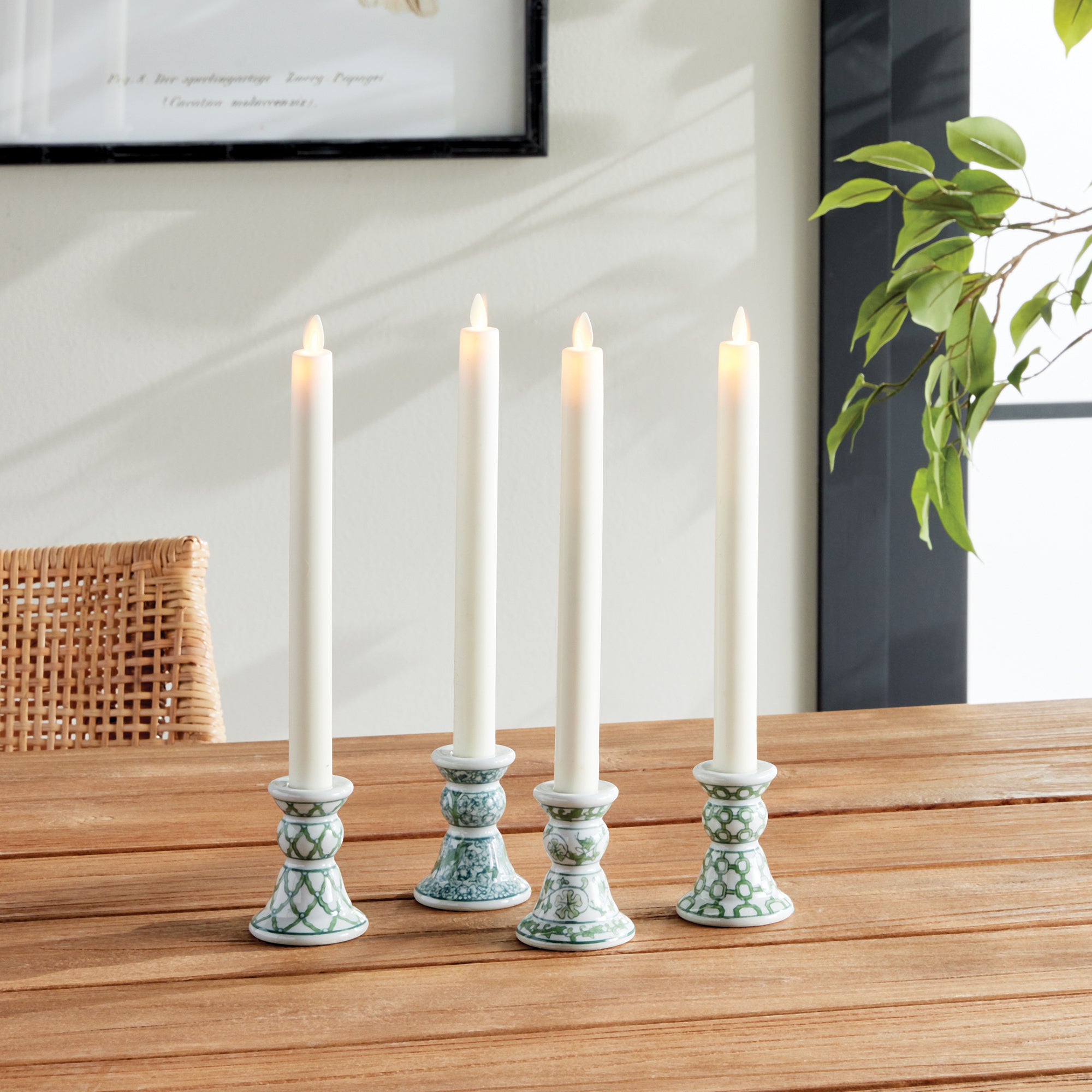 Imperial Mini Taper Holders Set of 4 - green and white chinoiserie ceramic candle holders designed for LED flameless candles
