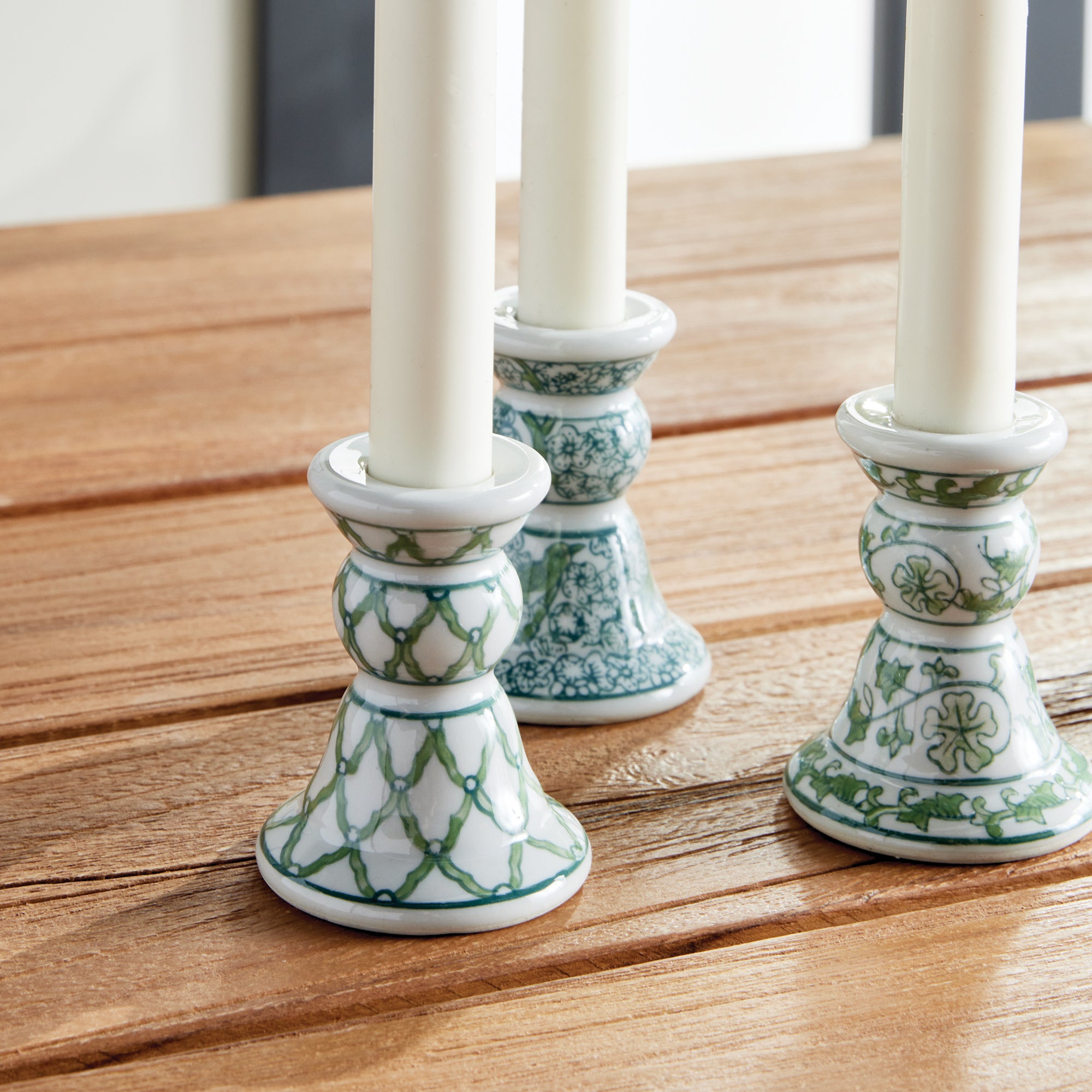 Imperial Mini Taper Holders Set of 4 - green and white chinoiserie ceramic candle holders designed for LED flameless candles
