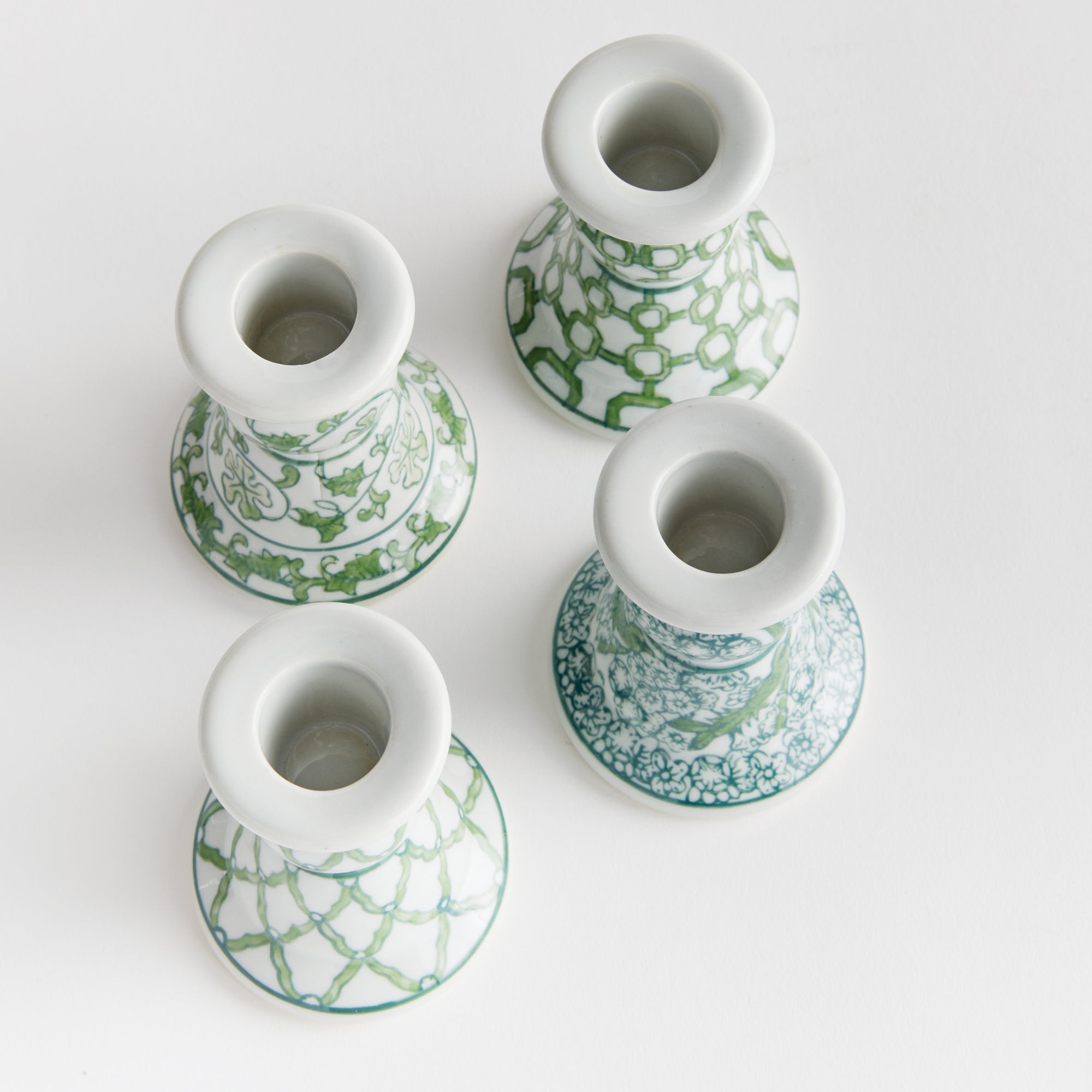 Imperial Mini Taper Holders Set of 4 - green and white chinoiserie ceramic candle holders designed for LED flameless candles

