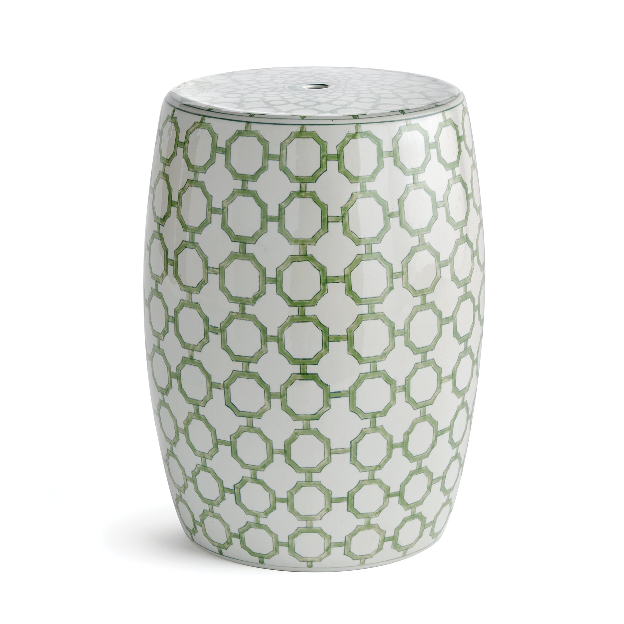 Imperial Link Stool - green and white chinoiserie ceramic garden stool with distinctive link pattern for versatile seating and accent table use