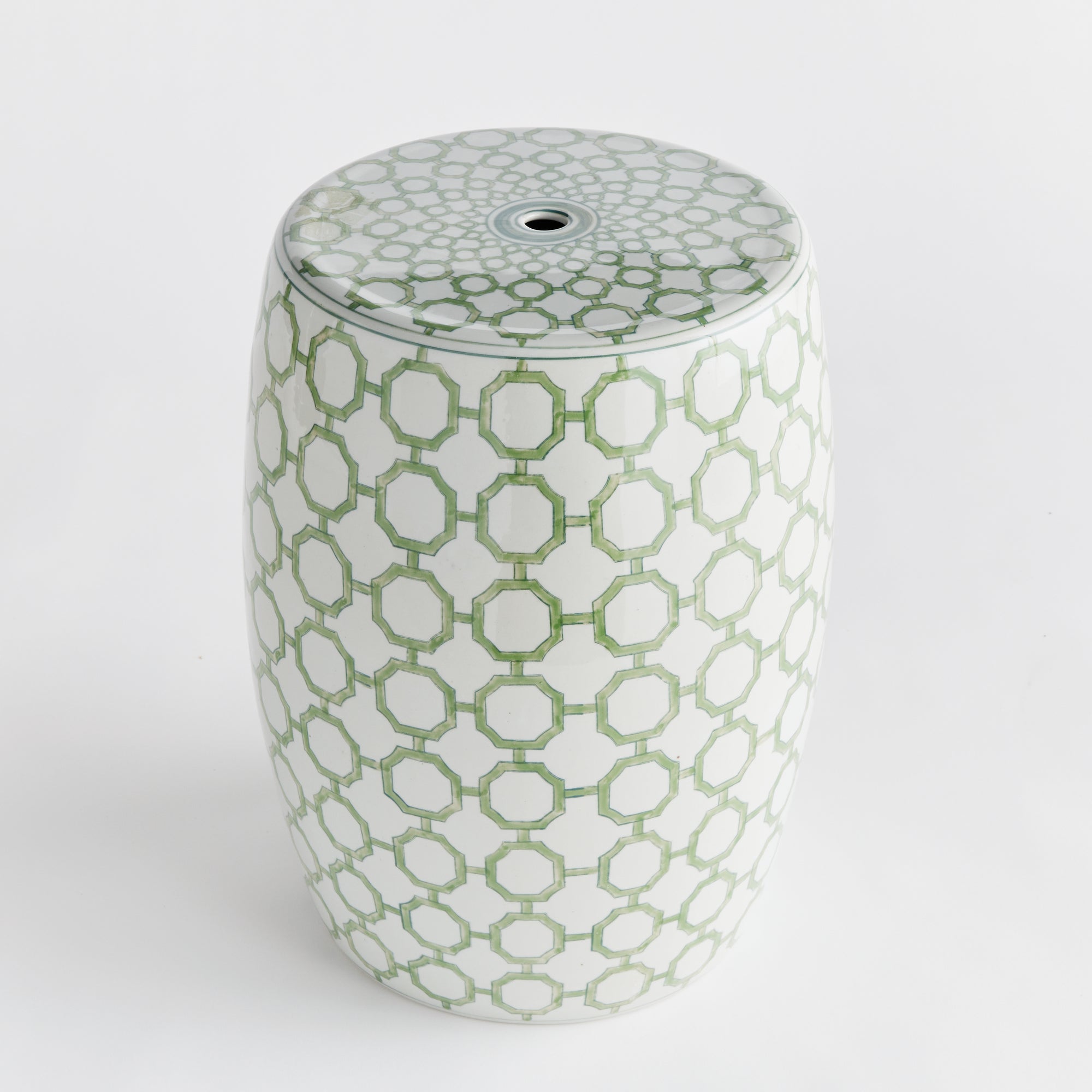 Imperial Link Stool - green and white chinoiserie ceramic garden stool with distinctive link pattern for versatile seating and accent table use