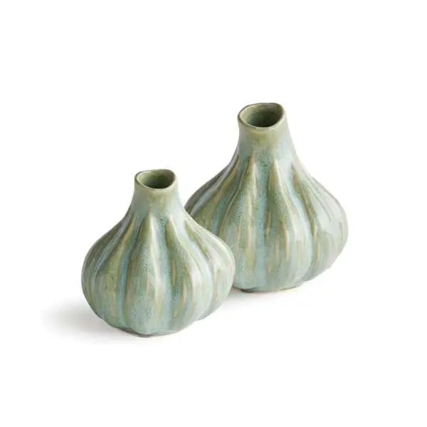 A set of two small round bud vases with a sculptural organic shape, finished in a thick multi-tonal green reactive glaze with handcrafted artisan details.