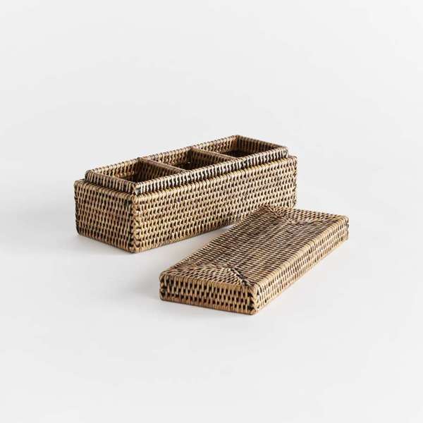 Burma Rattan 3-Compartment Lidded Organizer Box, a rectangular rattan box with a hinged lid and three interior sections, shown in a warm brown finish.