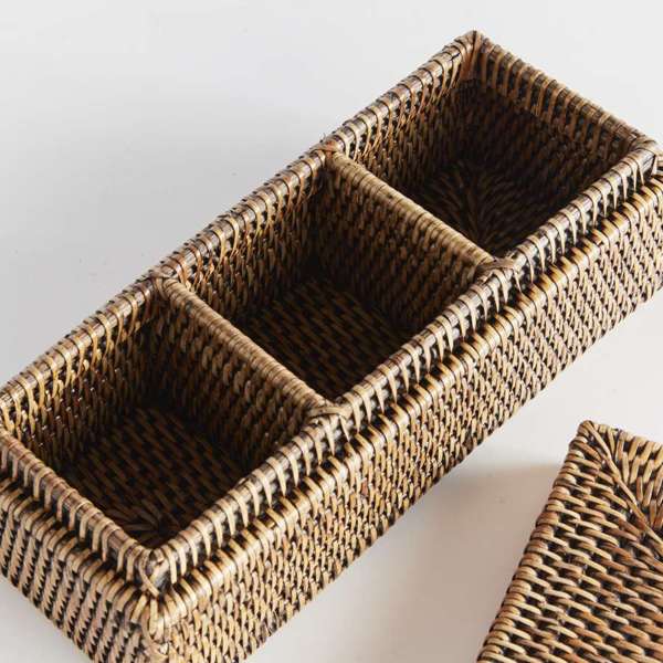 Burma Rattan 3-Compartment Lidded Organizer Box, a rectangular rattan box with a hinged lid and three interior sections, shown in a warm brown finish.