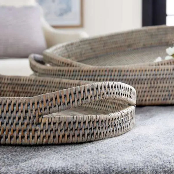 Burma Rattan Oval Serving Trays - Set of 3 Tight-Weave Baskets (3 Finishes) - Villa Decor & Design