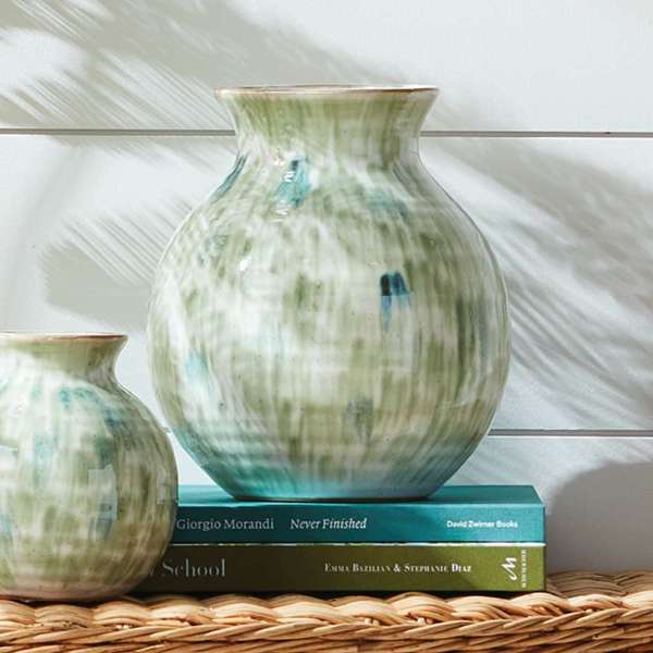 Brosse Vase - Hand-Painted Green & Blue Stoneware Vase