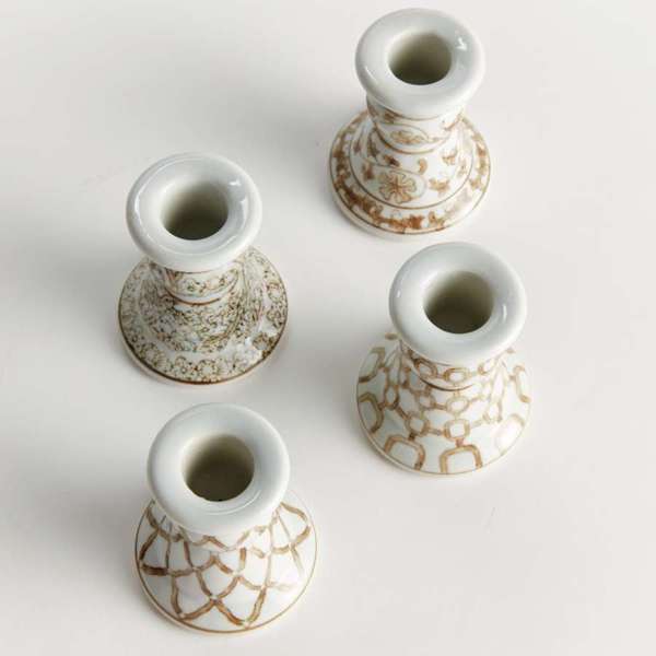 Province Mini Taper Holders - Set of 4 Taupe & White Ceramic Holders - Villa Decor & Design