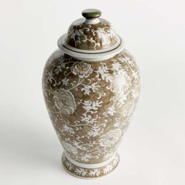 Grand Province Lotus Ginger Jar - Large 20" Taupe & White Ceramic