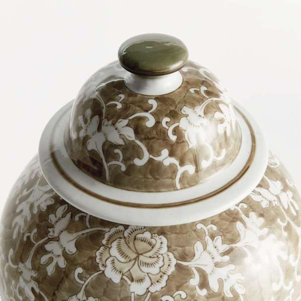 Grand Province Lotus Ginger Jar - Large 20" Taupe & White Ceramic