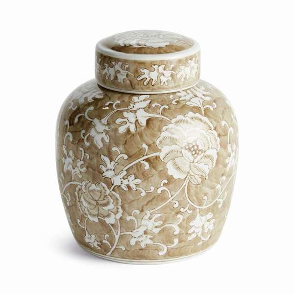 Province Lotus Lidded Jar - Taupe & White Ceramic Ginger Jar