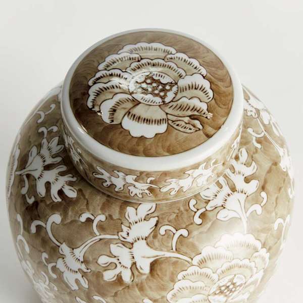 Province Lotus Lidded Jar - Taupe & White Ceramic Ginger Jar