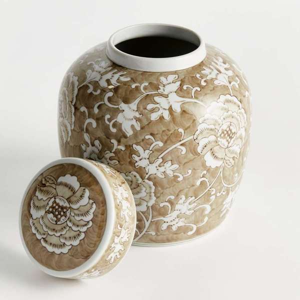 Province Lotus Lidded Jar - Taupe & White Ceramic Ginger Jar