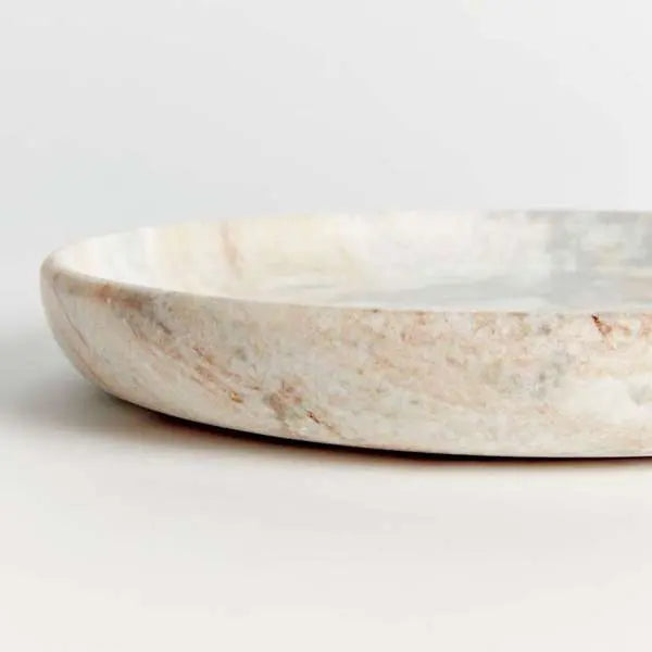 Round Josephine Marble Tray with a flat surface and low rim, featuring distinctive broad brown and light brown veins on a white marble base with a honed finish.