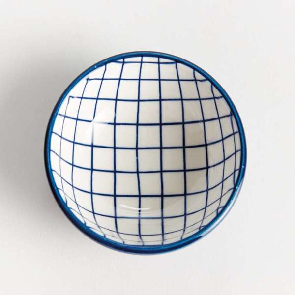 Stria Grid Dip Bowls Set of 6 - dark blue and white ceramic bowls with modern grid pattern for serving dips, sauces and appetizers