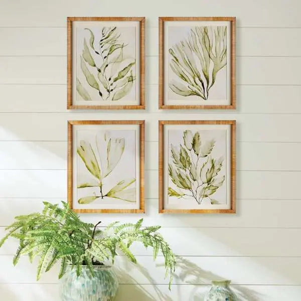 Coastal Greenery Prints - Set of 4 Rattan-Wrapped Botanical Art - Villa Decor & Design