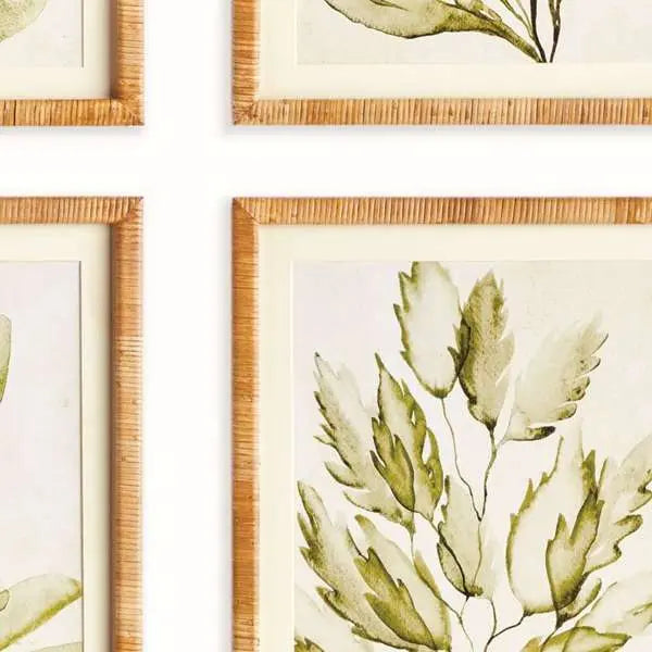 Coastal Greenery Prints - Set of 4 Rattan-Wrapped Botanical Art - Villa Decor & Design