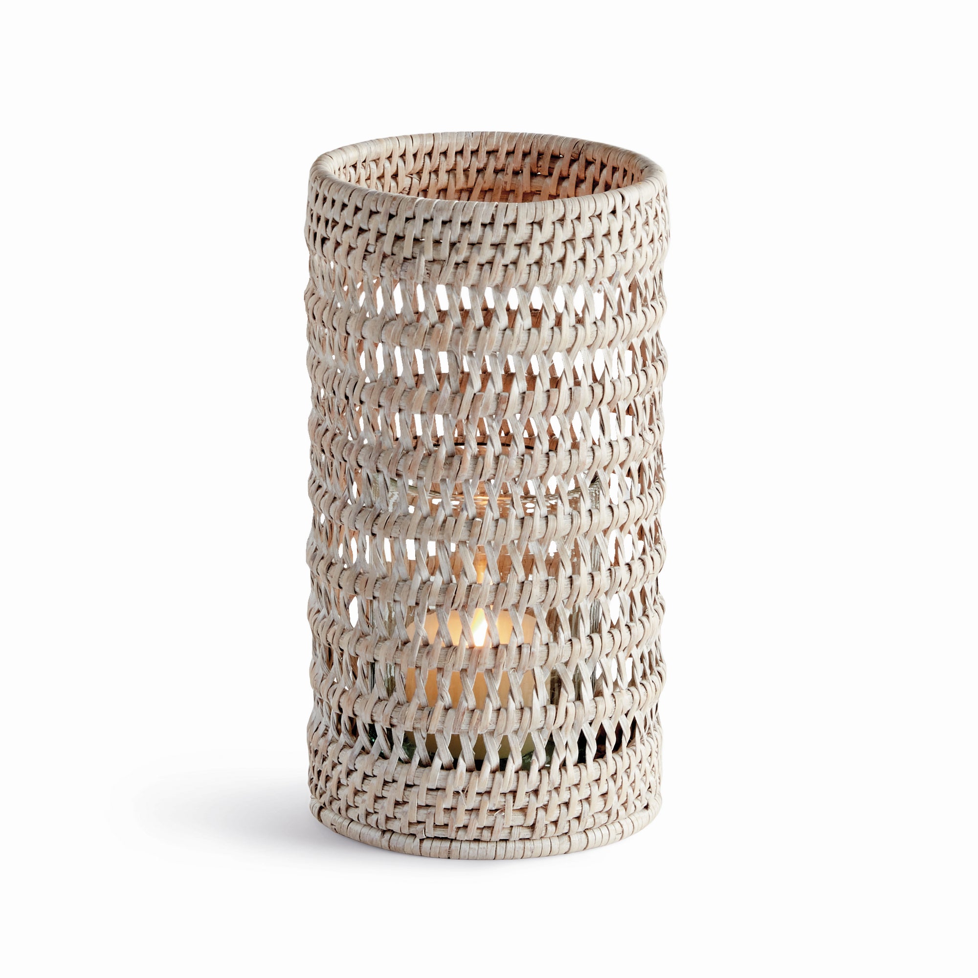 Small Whitewash Rattan Hurricane with Glass Insert