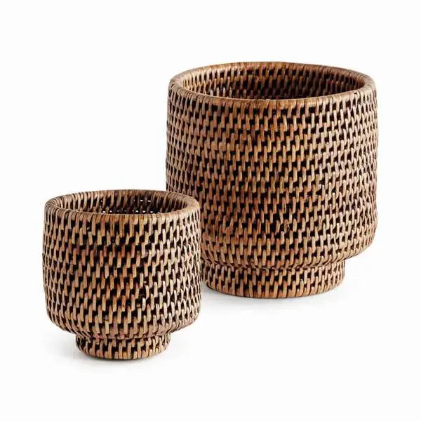 Burma Rattan Cachepot Set - 2 Handwoven Planters | Warm Brown - Villa Decor & Design