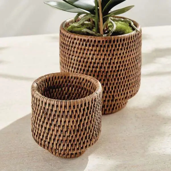 Burma Rattan Cachepot Set - 2 Handwoven Planters | Warm Brown - Villa Decor & Design