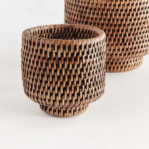 Burma Rattan Cachepot Set - 2 Handwoven Planters | Warm Brown - Villa Decor & Design