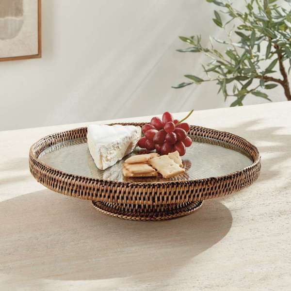Burma Rattan Serving Stand - Glass Insert | Graywash, Whitewash, or Warm Brown Napa Home & Garden