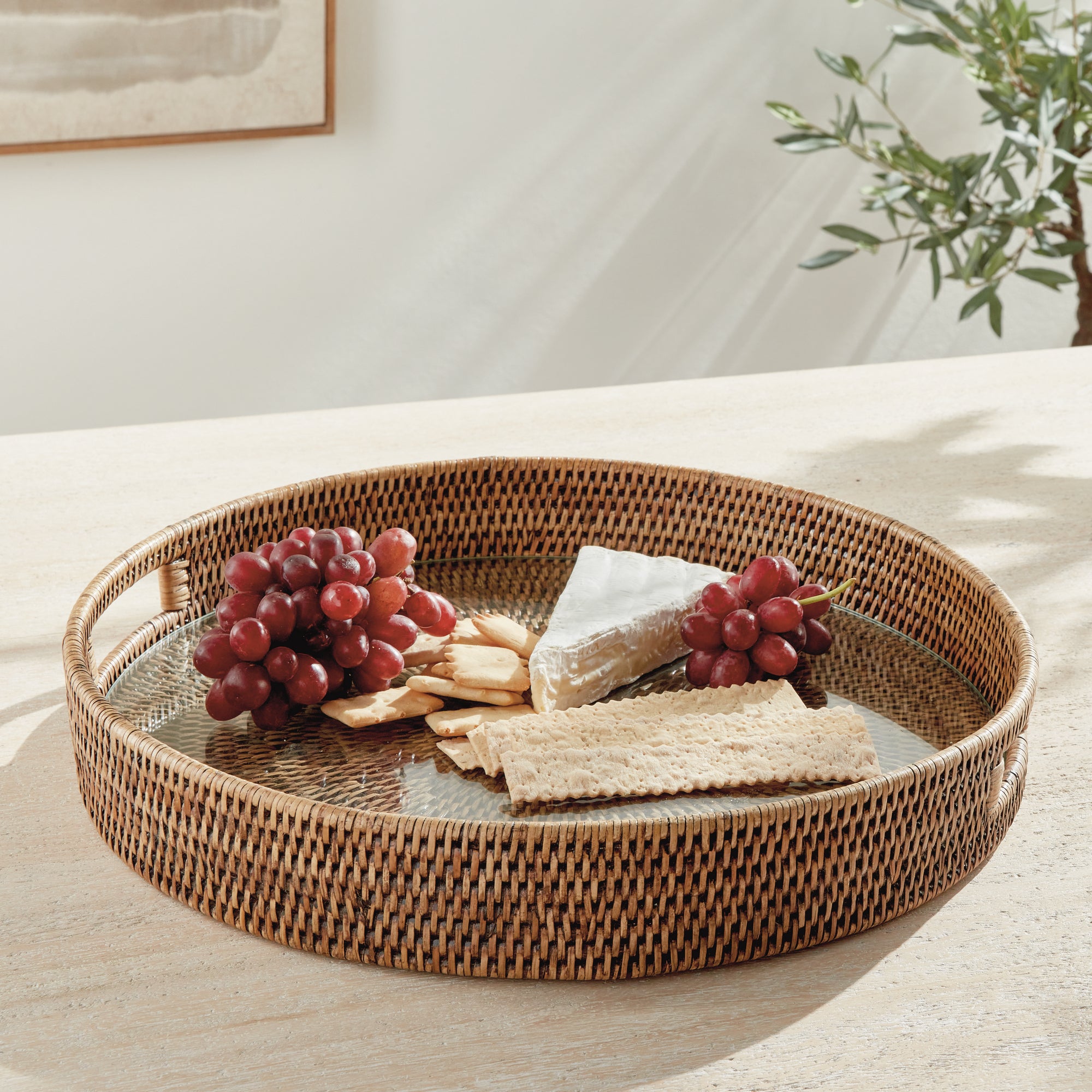 Burma Rattan Round Serving Tray - Warm Brown