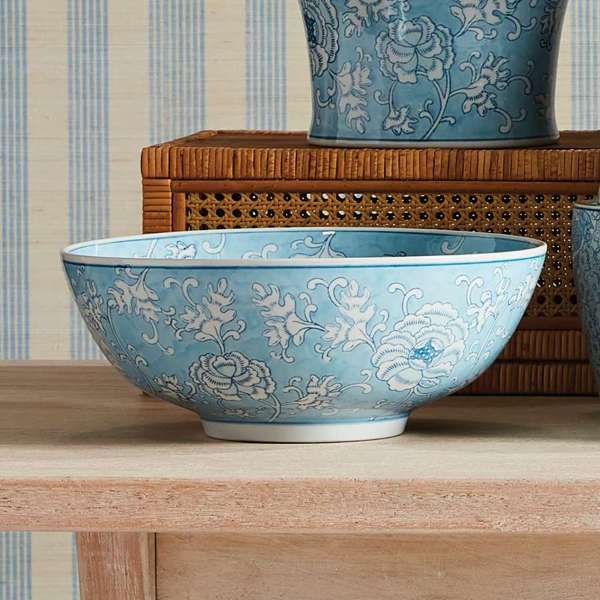 Monarch Lotus Decorative Bowl - 13" Blue & White Scalloped Porcelain Bowl - Villa Decor & Design