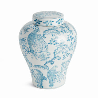 Monarch Parrot Ginger Jar - Light Blue & White Hand-Painted Porcelain