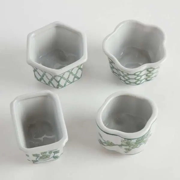 Imperial Assorted Mini Pots - Set of 4 Green & White Chinoiserie Ceramics - Villa Decor & Design