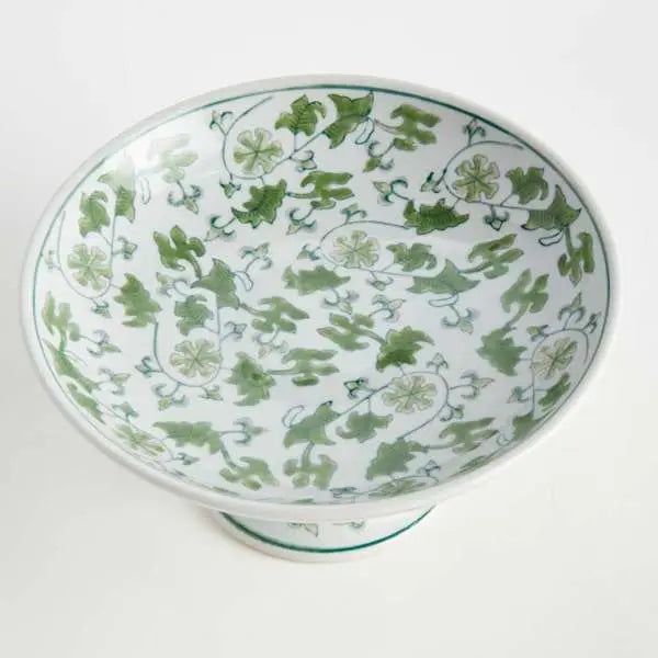 Imperial Foliage Compote - Green & White Chinoiserie Porcelain Pedestal Bowl - Villa Decor & Design