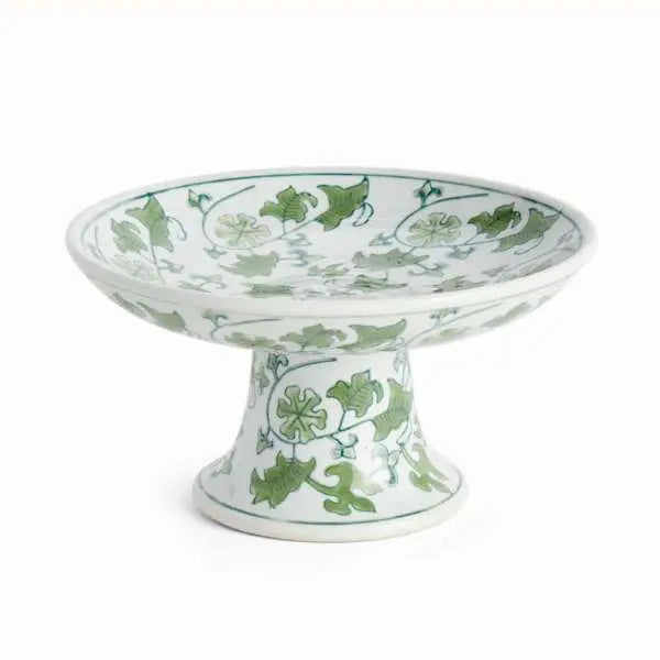 Imperial Foliage Compote - Green & White Chinoiserie Porcelain Pedestal Bowl - Villa Decor & Design