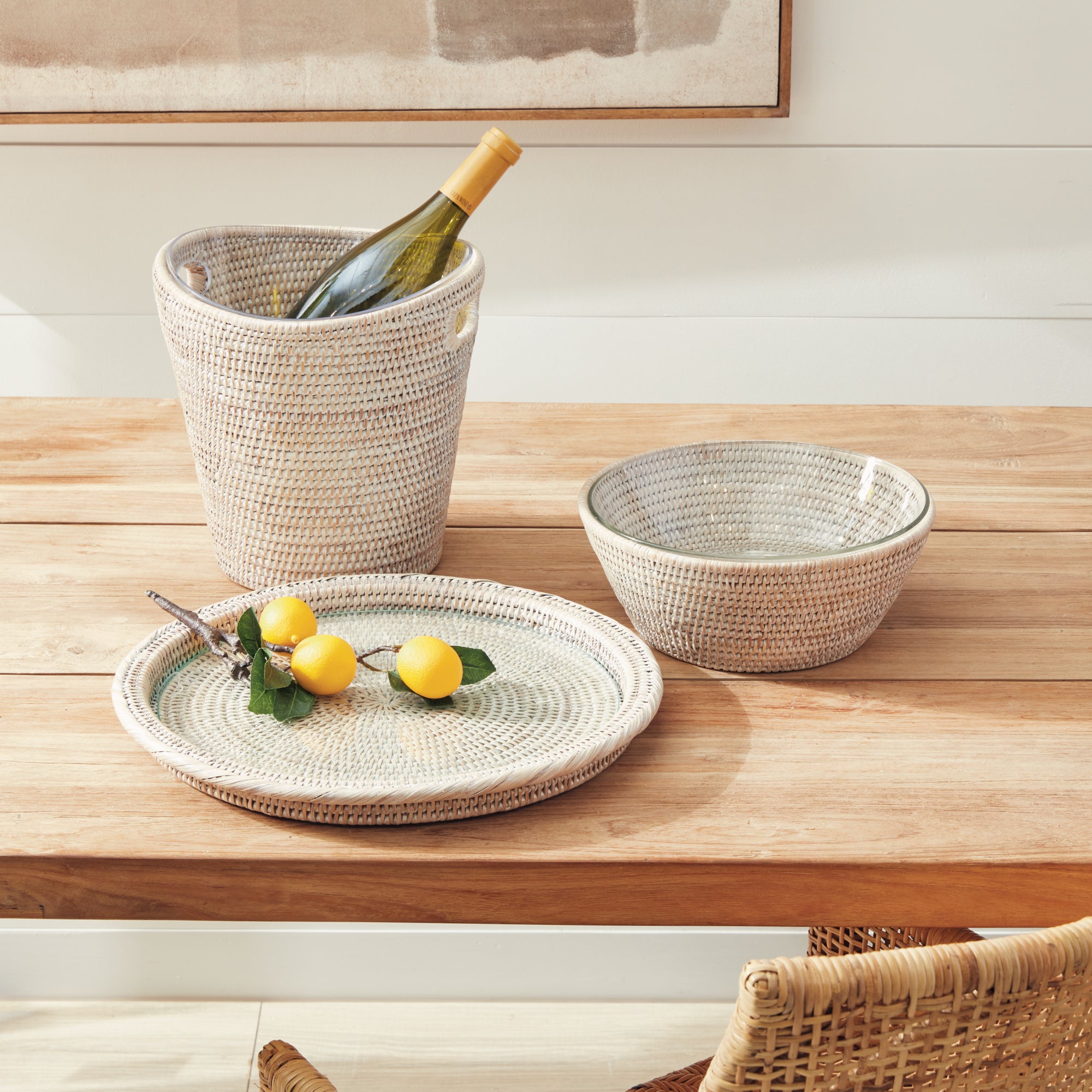 Burma Rattan Bowl with glass insert – whitewash finish
