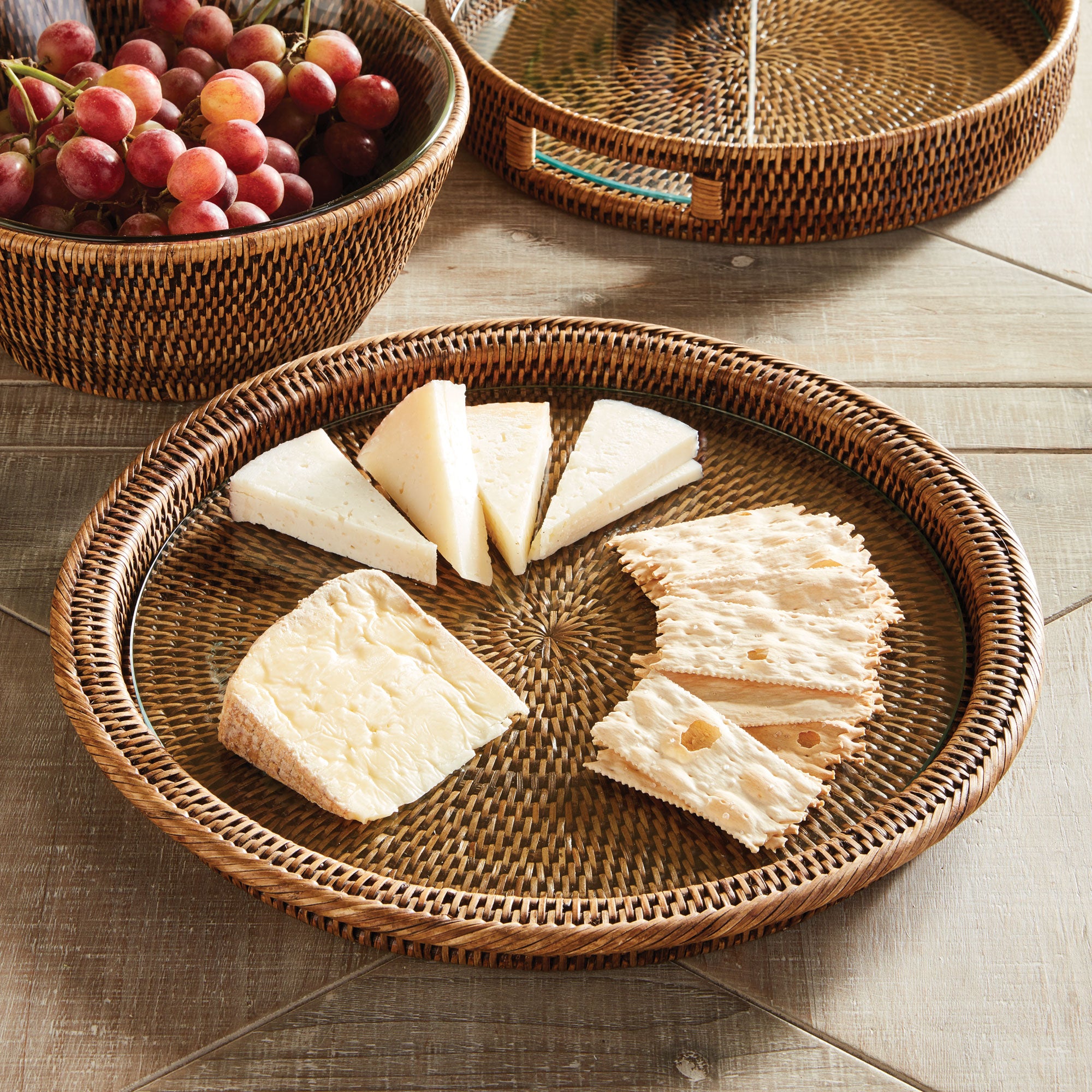 Burma Rattan Serving Platter with Glass Insert – Whitewash, Graywash, or Warm Brown