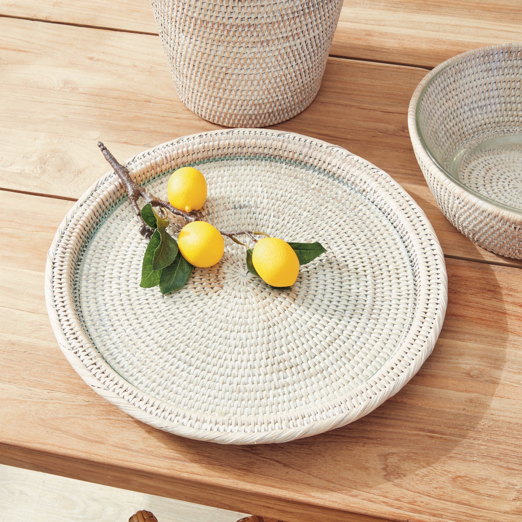 Burma Rattan Serving Platter with Glass Insert – Whitewash, Graywash, or Warm Brown