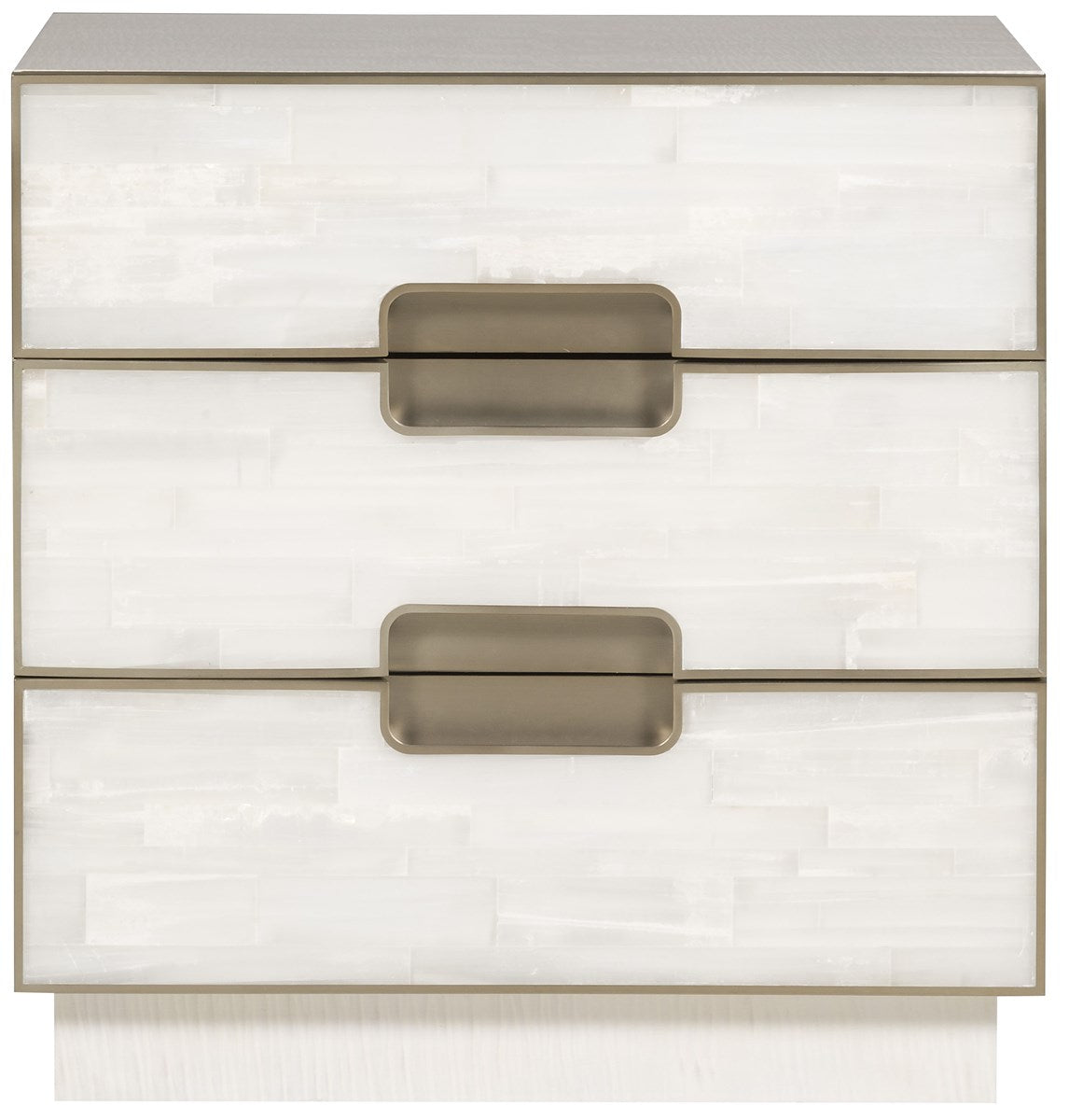 Luxurious 28-inch Splendor Nightstand with three natural white Selenite drawer fronts, a bleached figured maple wood frame in Sea Salt finish, and bronze metal accents.